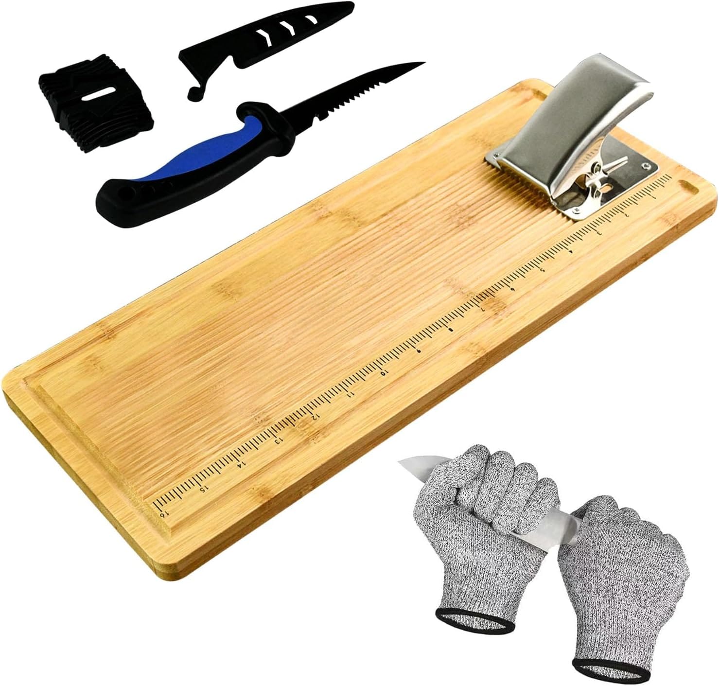 18" Bamboo Fish Cleaning Board Kit Anti-slip Fish Cutting Board Set